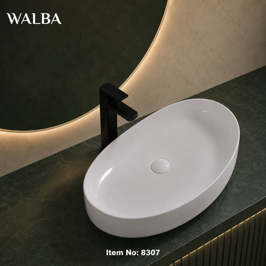 WALBA luxury countertop ceramic vessel basin with matte tapware on dark stone